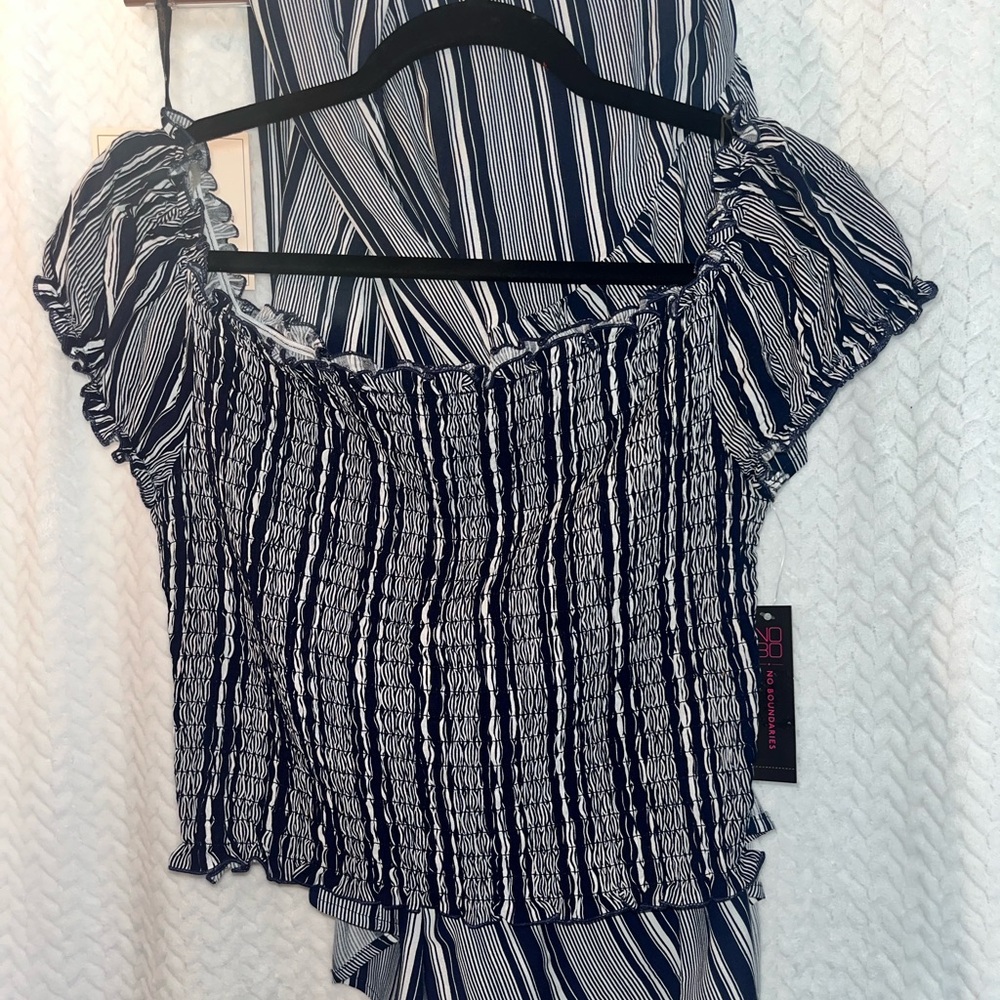 Women's Navy and White Striped Top and Skirt Set.